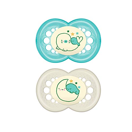 MAM Chupete Original Night S174 - Chupete con Tetina de Silicona SkinSoftTM ultrasuave, para Bebé de 16+ meses, brilla en la oscuridad - Neutro (2 unidades) con caja auto Esterilizadora