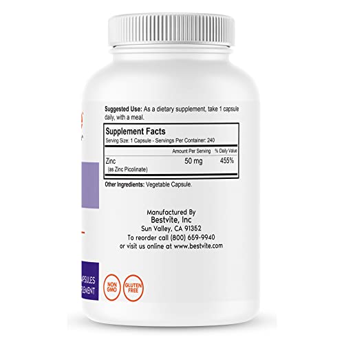 Bestvite Zinc Picolinate 50Mg (240 Vegetarian Capsules) - No Stearates - Vegan - Non Gmo - Gluten Free #TOP1