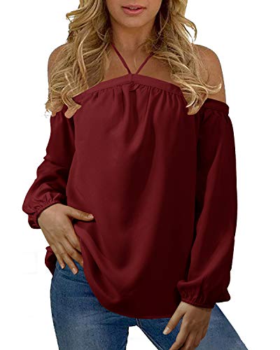 YOINS Camisa Mujeres con Hombros Descubiertos Sexy Raya Blusa Manga Larga Multicolor con Cuello en V Tops TeñidoTops con Manga de Linterna Vino Rojo XXL Cover