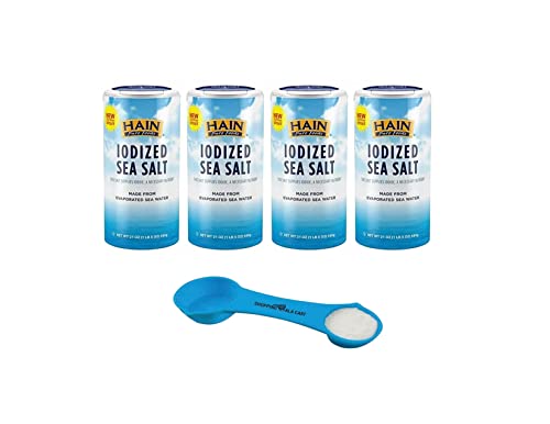 SHOPPING ALA CART Hain Pure Foods Iodized Sea Salt - 21 Oz (Pack of 4, Total of 84 Oz) with Free Multi-Purpose measuring spoon, Sticker and Bubble Protection Guarantee
