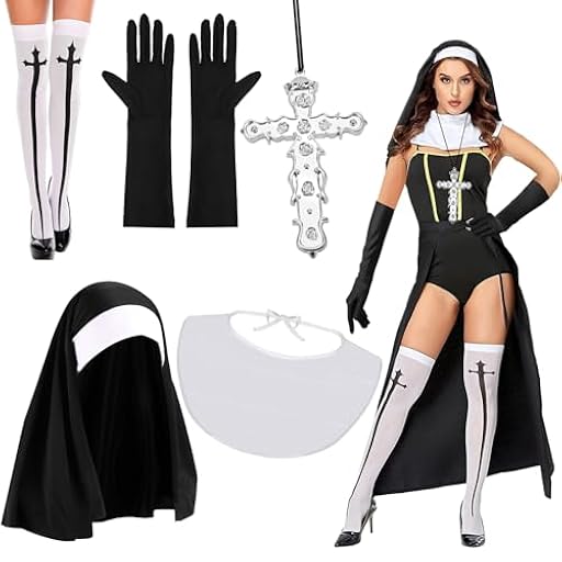 XEPST 5 UDS Disfraz De Monja Para Mujer - Accesorios de Atuendo de Monja Sombrero de Collar de Guantes Collar Calcetines Disfraces de Halloween para Mujer Cosplay Carnaval Disfraces, B | Ya disponible en tu tienda friki favorita! En mundofriki.es!