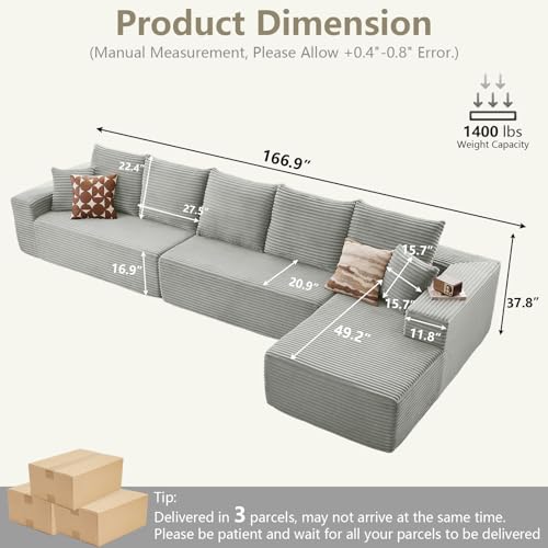 Image of 166.9 inch Cloud Sectional Couch with L-Shape Chaise, Upholstered Corduroy Couches Sleeper with Deep Seat, Modern Modular Comfy Sofa Chaise Longue for Living Room Bedroom, No Assembly Required, Grey