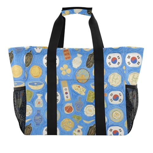 Art Oil Painting Korea Blue Utility Storage Bag Foldable Tote Bag For Beach With Compartments Reusable Shopping Bags with Handles Totes For Car