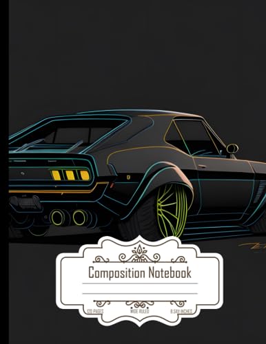  Composition Notebook Wide Ruled: Car Inspired by Classic Muscle Cars, Modern Ferrari Lines, Matte Paint with Neon Details, Size 8.5x11 Inches, 120 Pages
