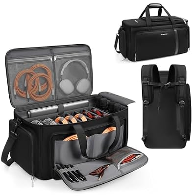 Large DJ Cable Organizer Bag, Padded Gig Bag with 8 Detachable Divider, Travel DJ Mixer Backpack for Musicians, Professional Multi-Pocket for 17" Laptop, Microphone, Cord, Headset & Music Accessories