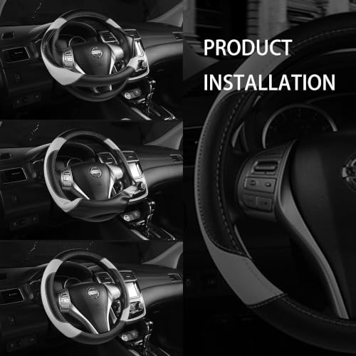 Image of Leather Steering Wheel Cover for Ford F-150, Ram, Tundra, Tacoma, 15.5 inch-16 inch | Large-Size Fits Cars Trucks, Microfiber Leather, Anti-Slip Breathable Auto Steering Wheel Protector, Grey