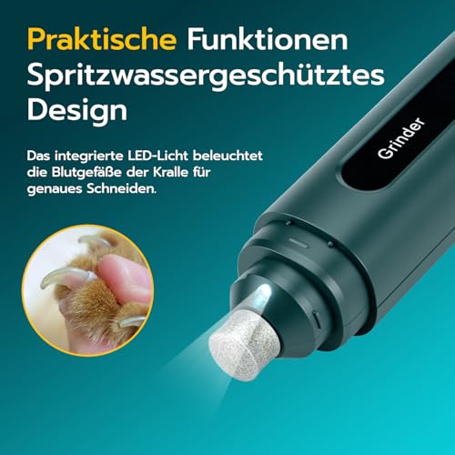 Mcbazel Elektrischer Krallenschleifer Hund & Katze - Geräuscharmer Hundenagelschleifer mit LED-Licht, 5 Geschwindigkeiten, Diamant-Schleifscheibe für Sanfte Pfotenpflege Aller Haustiergrößen
