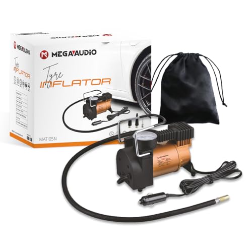 Image of MEGAAUDIO 12V DC Portable 2-In-1 Car Tyre Inflator & Air Compressor | 150 PSI Analog Pressure Gauge | 30LPM Air Flow | Durable Metal Body | 3M Power Cord & Cigarette Lighter Plug for Car,Bike & SUVs