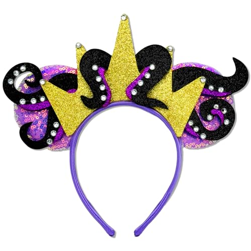 INLOLLY Halloween Ursula Ears Devil Horns Headband, Eye-Catching Crown Purple Sparkle Sequin, Hair Accessories for Costume Women Cosplay Party