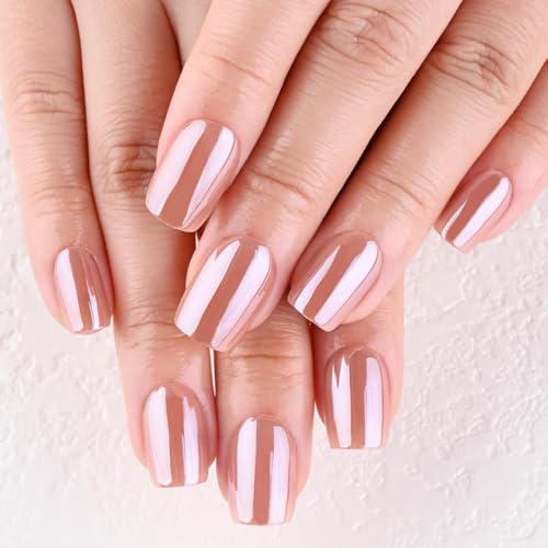 evpct Nude Glazed Chrome Metallic Aurora Press on Nails Short Square