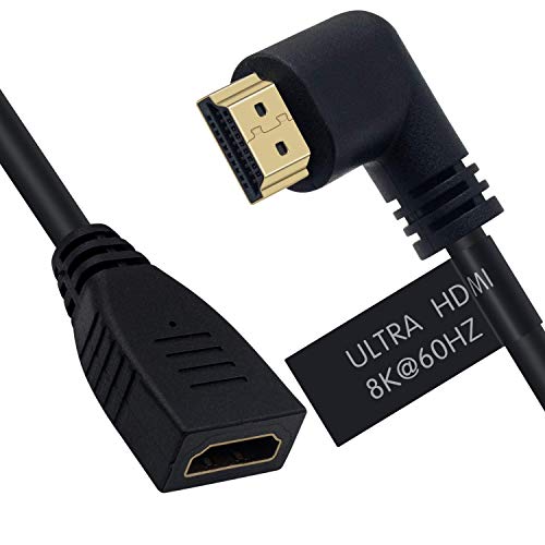 Poyiccot 8K HDMI Câble d'extension, HDMI 2.1 Angle gauche du câble 90 Degré 8K HDMI Hommes à femmes HDMI 2.1 câble 48Gbps Haute vitesse 8K 60Hz, 4K 120Hz, 3D Ultra HDR HDMI Câble d'extension 2feet(M/F Gauche)