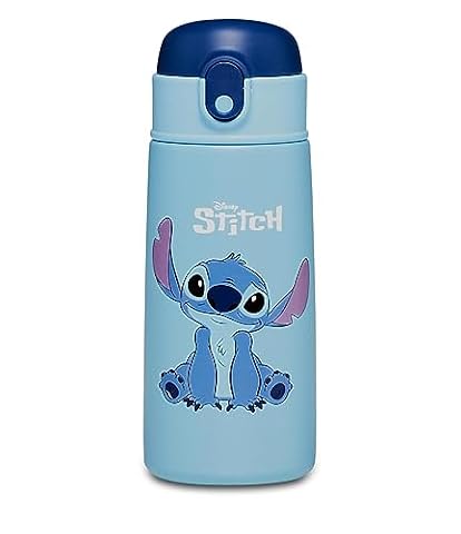 Butelka STICH, Niebieska butelka dla dzieci ze słomką 460 ml - butelka przedszkola, szkoła podstawowa, wewnętrzna ze stali nierdzewnej, utrzymanie temperatury do 24h