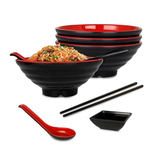 CASA LITUS Vajilla de Melamina Estilo Japonés (4 Personas). Incluye: Plato Hondo 1.2L, Palillos Reutilizables, Salsero y Cuchara (16 Piezas) para Comida China, Asiática y Ramen, Irrompible y Duradera