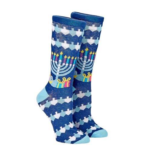 Image of Rite Lite Hanukkah Menorah Socks | Adult Crew Sock Fits Shoe Size 8-12 Blue Chanukah Cozy Socks Jewish Holiday Party Favors Accessories Decorations Gifts Festival of Lights (Ugly Sweater)