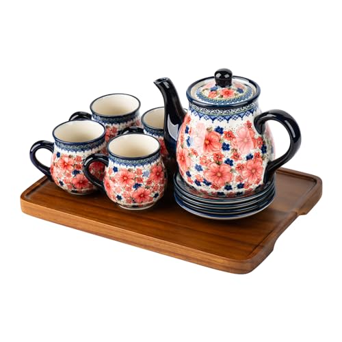 ONECCI polish pottery style porcelain ceramic 10 piece Tea set,7.2oz tea cup and sauce set of 4,28.2oz teapot and 1wooden tray (Snow and Plum)