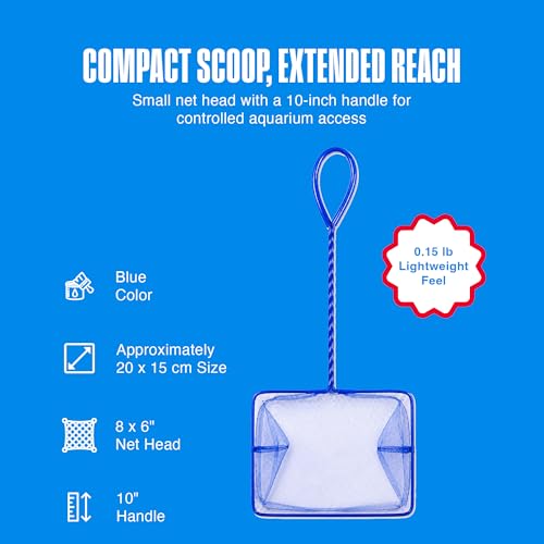 Image of Penn-Plax Quick-Net Aquarium Fish Net - 8 x 6 in Fine Mesh, 10 in Vinyl-Covered Braided Handle - Small Aquarium Cleaning Tool for Gentle Fish Handling - Use in Freshwater & Saltwater Tanks - Blue