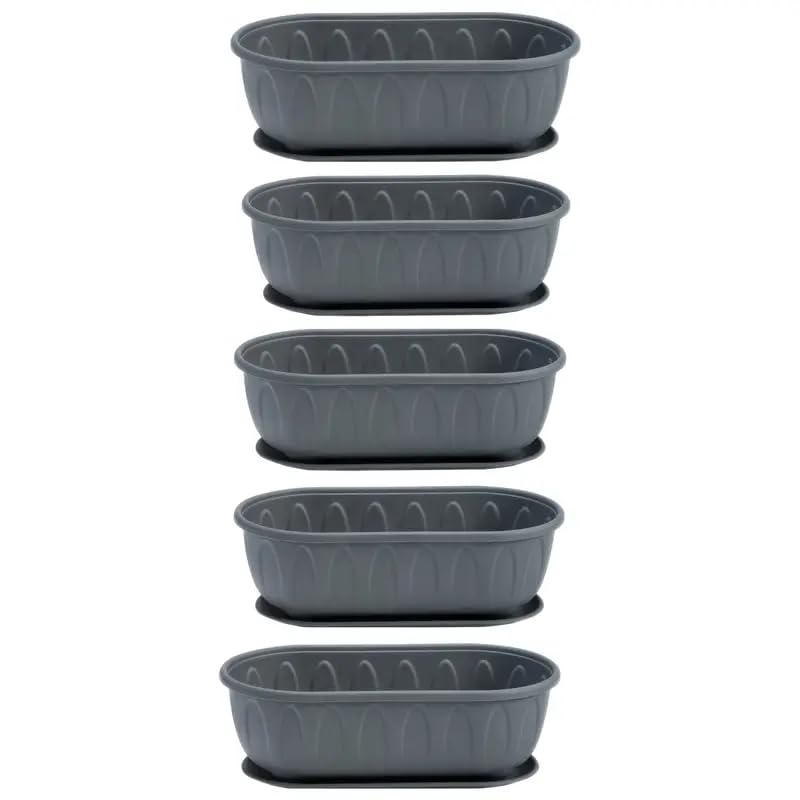 Image of StyleX Store Plastic Rectangle Round Corner Flower Pots with Drainage Hole Saucers Durable Outdoor Indoor Planters with Tray Plant Containers for Balcony, Garden, Home & Office (Set of 5 Grey)