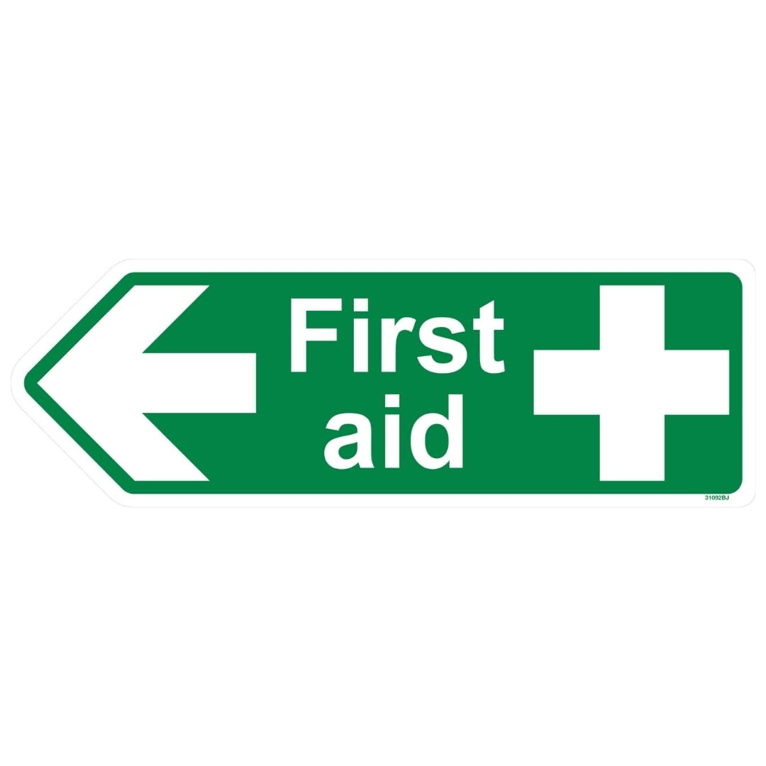 V Safety First Aid Arrow Left - Shaped Sign 450 x 150 mm - 2mm Super-Tough Rigid Plastic Safety Sign