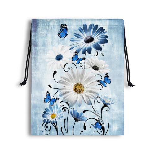 Image of Drawstring Storage Pouch Daisy Flowers Blue Cloth Shoe Bags for Gym Party Picnic