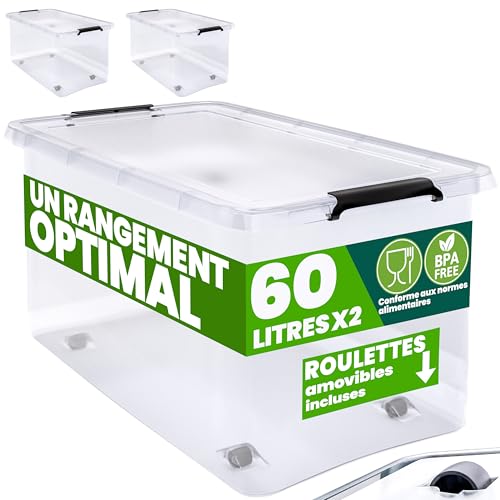 Deuba® 2X Boîte de Rangement 60L en Plastique Transparent empilable sans BPA Gain de Place Caisse de Rangement roulettes