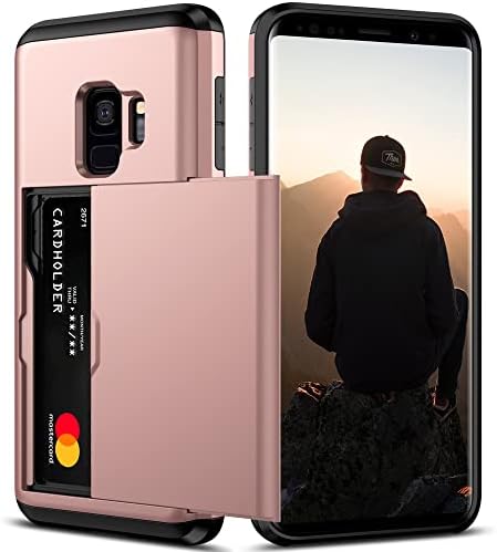 Nvollnoe for Samsung S9 Case with Card Holder 5.8 inch Dual Layer Heavy Duty Protective Galaxy S9 Case Hidden Card Slot Slim Wallet Case for Samsung S9 for Women&Men(Rose Gold)