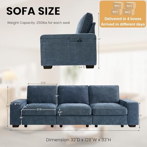 Image of TEKAMON 100 inch Modular Sofa with Seats Storage, Comfy 3-Seater Chenille Fabric Couch for Living Room, Office, Apart W /Deep Seat, USB Charging, Upholstered Couch with Removable Cover (Blue)
