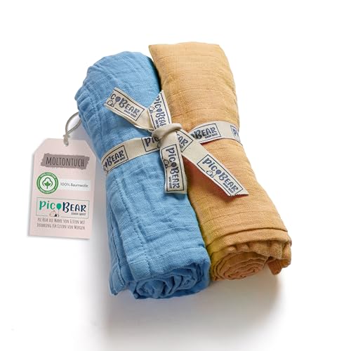pic Bear Musselin Molton Tücher 80x80cm - Ultra-weiche Multitalente für Babyalltag: Spucktuch, Schmusetuch & mehr - 100% Baumwolle - 2er Pack (airy Blue + Tender Peach)
