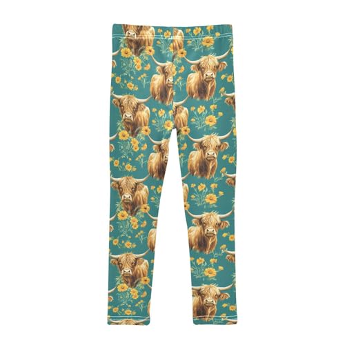 Highland Cattle Yellow Daisy Girls Leggings Soft Stretch Workout Yoga Dance Pants for Kids Casual Tights2