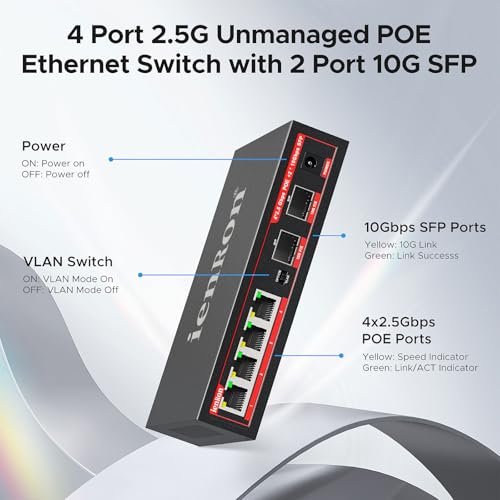Image of 4 Ports 2.5Gb PoE Switch with 2-Port 10Gb SFP+ Ethernet, 6*2.5G POE +2*10G SFP Switches, 65W Fanless Metal IEEE802.3af /at, Wall Mountable for / AP /NAS /Security with Cable Cat5e,Cat 6 or Cat 6e