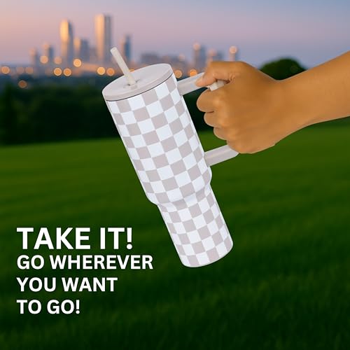 Image of Tumbler with lid and Straw 1200ML Cup Stainless Steel Vacuum Insulated Tumbler for Water, Iced Tea or Coffee 1.2L Office Gym Travelling (40-Oz-Skin Checks)