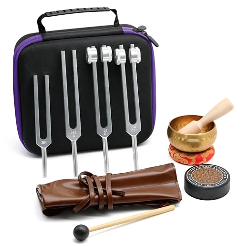 Healing Tuning Forks Set 136.10, 256, 384, 128 Hz Healing Instrument, Sound Therapy Devices with Singing Bowl for Chakra Solfeggio Essential Yoga Meditation Accessories, Healing Gifts for Women Men