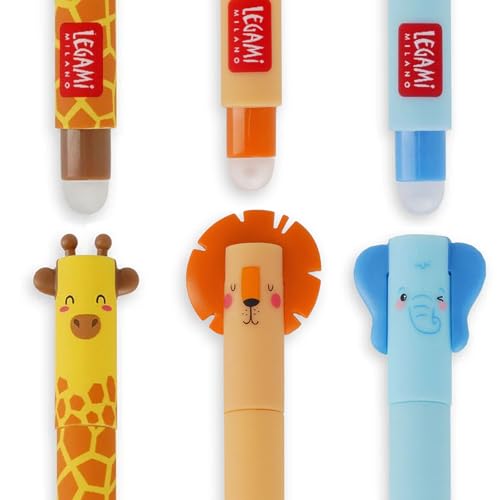 LEGAMI - Stylo gel effaçable, bille au bout pour enlever l'encre sans consommer la feuille, Encre noire thermosensible - Collection Savannah - Lion, Giraffe, Elephant