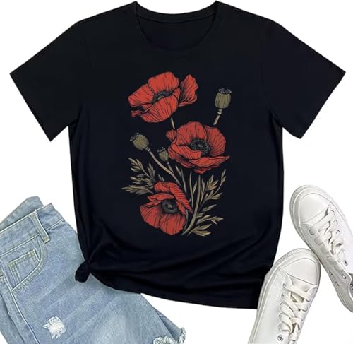 Vintage Boho Flower T Shirts for Women Cottagecore Wildflowers Graphic Short Sleeve Floral Printed Top Tees, 1Black, Medium