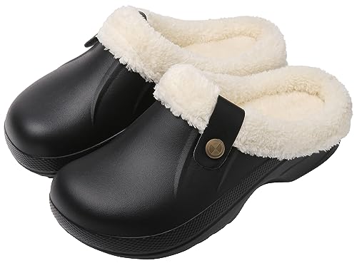 Preisvergleich Produktbild ChayChax Damen Clogs Gefüttert Herren Winter Hausschuhe Wasserdicht Warme Pantoffeln Plüsch Pantoletten rutschfeste Outdoor Winterschuhe, Schwarz, 39 / 40 EU