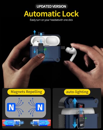 Image of Pohgelan for AirPods Pro 3 Case with Safety Lock-Dark Blue | Magnetic Automatic Lock with Cleaning Kit&Keychain,Compatible with Magsafe