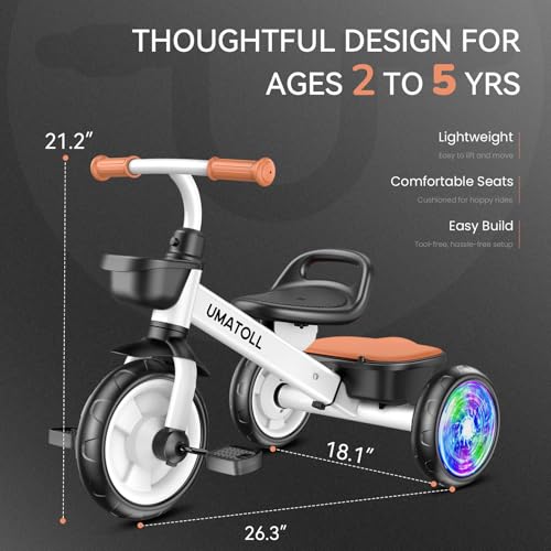 Umatoll Tricycle for Toddlers 2-5 Year Old, Ajustable Toddler Bike Outdoor Toys, Birthday Gift for Boy Girl Age 2-4, Trike with Light up Wheels by Umatoll - Image 8