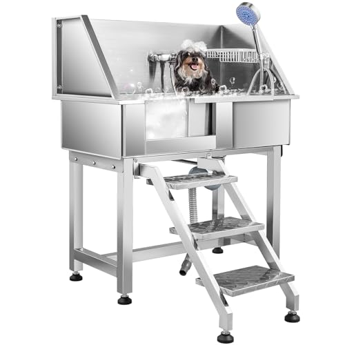 ZELCAN Professional Dog Grooming Bath Tub, 86cm Stainless Steel Pet Bathing Station Sink with Drain Steps Shower Head Hose Walk In Door & Faucet for Home Pet Shop Vet Kennel(34Inches)