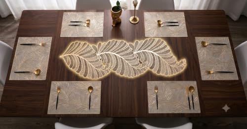 Image of Dakshya Industries Waterproof PVC Dining Table Placemats Set of 7 | Leaf Shape Heat Resistant Table Mats with Decorative Runner