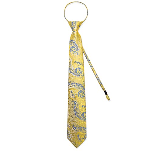 Image of DiBanGu Silk Zipper Ties for Men,Paisley Solid Plaid Pre-tied Tie and Pocket Square Cufflinks Set Formal Adjustable Necktie