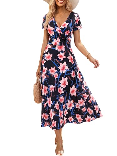 Image of HUHOT Women's Short Sleeve Wrap V Neck Dresses for Wedding Guest Summer Floral Maxi Sundresses with Pockets Boho Dress