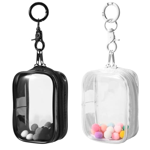 2pcs Clear Figure Display Bag, Blind Box Display Pouch Bag with Keychain Portable Small Doll Storage Bag Mini PVC Doll Bag Carrying Case for Mini Figure Doll Collectors(Black, White)