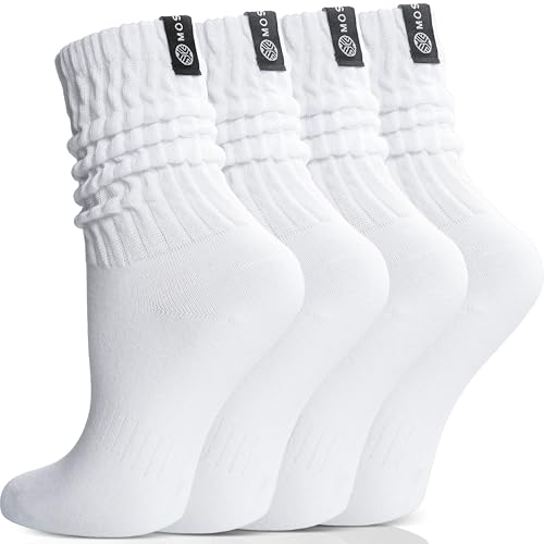 MOSEY KOSY Scrunch Cotton Socks Slouch Calf Breathable Soft Socks for Women and Men 4 Pairs (White M)