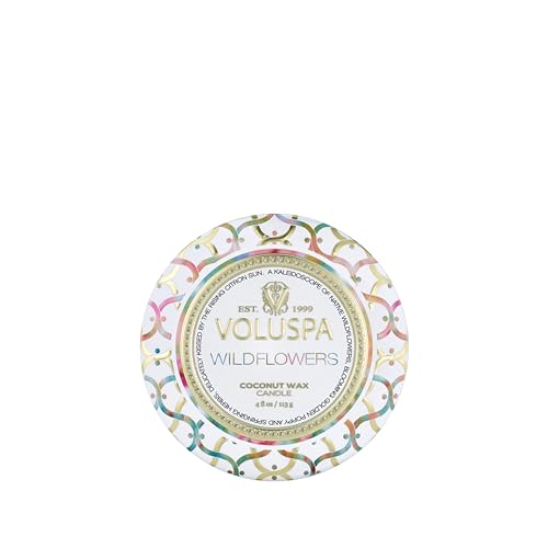 Voluspa Wildflowers, Mini Tin Candle, 4 Ounce, 25 Hour Burn Time, Coconut Wax for Clean Burning, Handcrafted in the USA