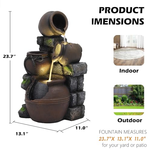 TITIMO Outdoor Water Fountain with Flower Pot and Lights - Cascading Pitchers Farmhouse Fountains and Waterfalls, Garden Fountain Patio Decor, Waterfall Fountains Indoor and Outdoor