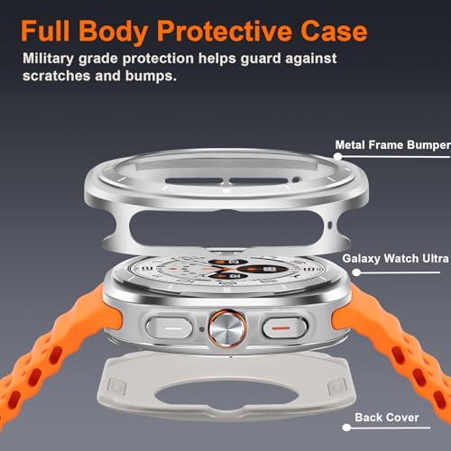 Image of Metal Case Compatible with Samsung Galaxy Watch Ultra /Ultra 2 (2025) 47mm with Back Cover, Rugged Thin Hard Frame Protective Cover for Galaxy Watch 7 /8 Ultra 47mm - Silver White