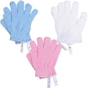 Fine Lines – Exfoliating Shower Gloves, Pack of 3 Pairs (6 pcs) – Exfoliating Glove for Bath scrub, Dead Skin Remover – Exfoliating mitt – Body Scrub Gloves with Hanging Hoops – Protected Design