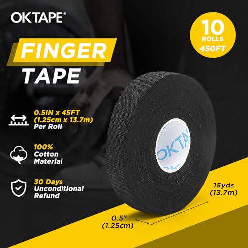 OK TAPE Athletic Finger Tape (10Rolls 450FT), Finge Wrap Tape, Extra Strong Adhesive Finger Support and Protect Tape, Hand Grip Tape for Rock Climbing, MMA, Jiu Jitsu, Volleyball, Black