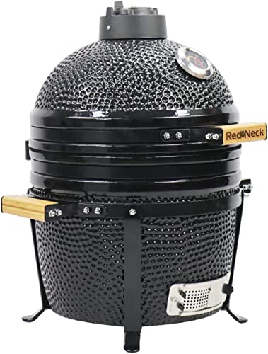 RedNeck Keramik Tischgrill (15"), professioneller Grill (34 cm Grillfläche), Bambus Griff, Gussgestell, Thermometer, Spezial Dichtungen (bis zu 400°C), schwarz – Bild 6