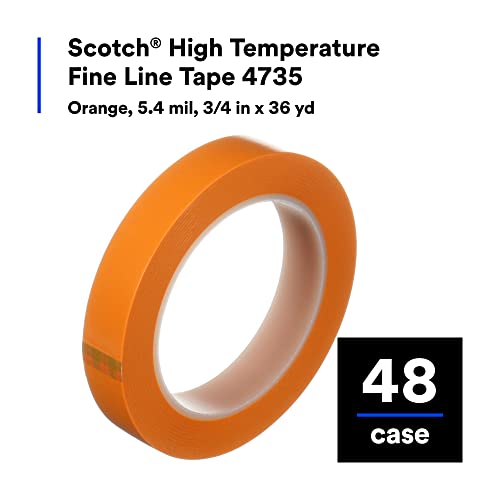 Image of Scotch High Temperature Fine Line Tape 4735, Orange Color, Highly Comformable, Vinyl Backing, 5.4 mil, 3 /4 in x 36 yd, 48 /Case