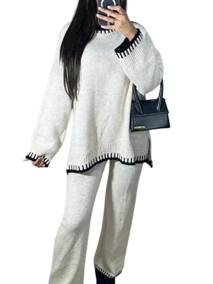 Ensemble de couture pantalon jambes larges pour femme en tricot côtelé élastique